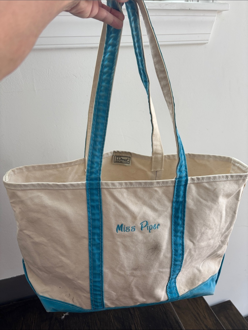 LL Bean Boat & Tote canvas bag, “Miss Piper” embroidered, bright blue, 13.5x19”